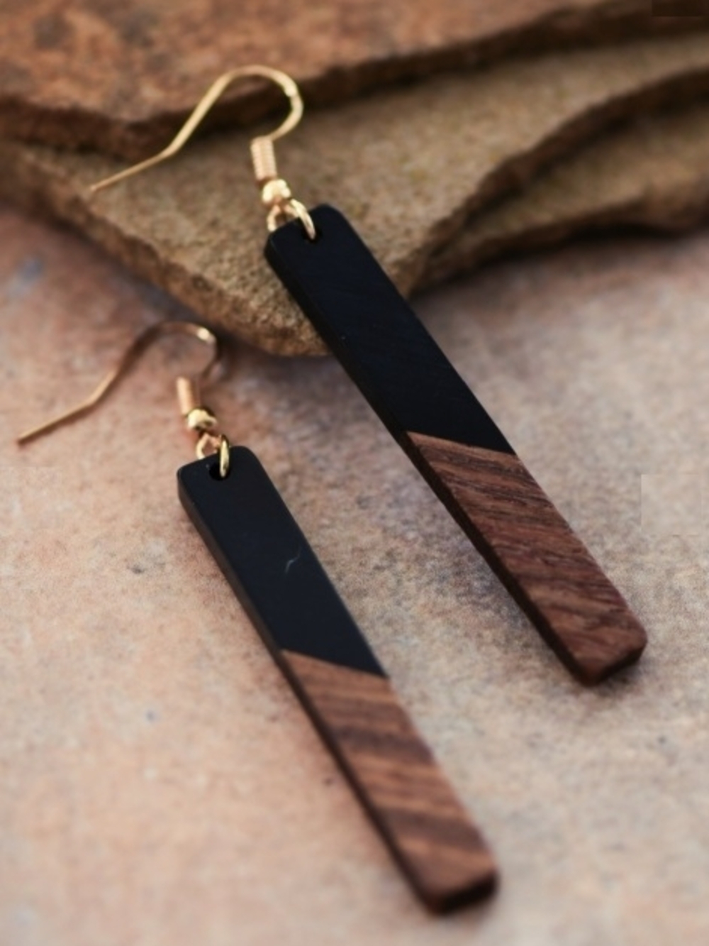Handcrafted Black and Brown Wood Bar Drop Earrings - Women's Jewelry
